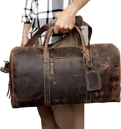 Vista 3 de 24 pulgadas cuero Duffel Bolsas para hombres y mujeres completo grano cuero viaje durante la noche fin de semana Bolsas de cuero deportes gimnasio