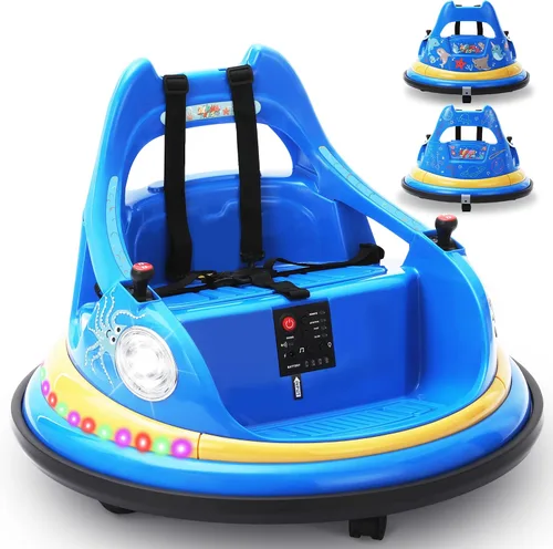 Vista 13 de coche chocón de 12V para niños pequeños con rueda grande, coche de paseo giratorio de 360° con control remoto, cinturón de seguridad, música, luces