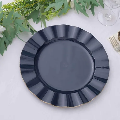 Vista 138 de Tableclothsfactory Paquete de 10 platos redondos de plástico negro de 6 pulgadas para ensalada de postre, platos desechables con borde ondulado