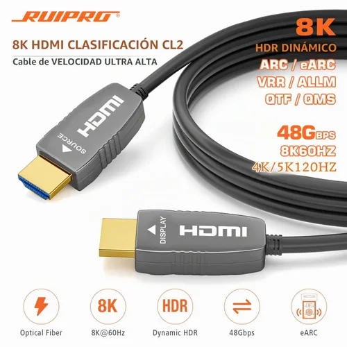 Vista 2 de RUIPRO - Cable de fibra óptica HDMI 2.1 8K, clasificación CL2, 48 Gbps, 8K60, 4K120, 3 pies