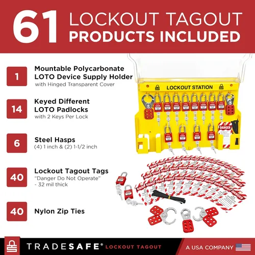 Vista 2 de TRADESAFE Estación de etiquetado de bloqueo con dispositivos Loto - Juego de 14 bloqueos de seguridad, 6 cerrojos, 40 etiquetas de no operación