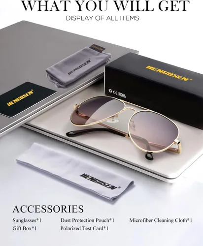Vista 6 de HENGOSEN Lentes de sol polarizados de aviador para hombres y mujeres, marco de metal premium, lentes de sol Pilot con protección UV 400