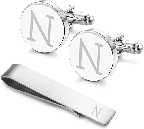 Vista 7 de LOYALLOOK - Gemelos de acero inoxidable grabados con inicial y clip de corbata, diseño de letras del alfabeto con caja de regalo, A-Z