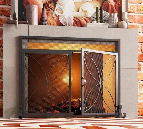 Vista 6 de Fire Beauty Pantalla de chimenea con puertas magnéticas, pantalla de metal grande para el hogar, protector de chispas, incendios de horno de metal