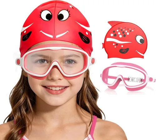 Vista 8 de Gafas de natación para niños de 3 a 8 años con gorro de natación, juego de gorras de natación con antivaho y anti-UV para niños y niñas pequeños