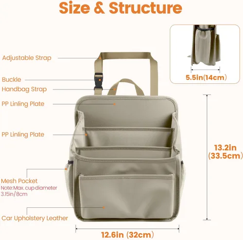 Vista 6 de Viaviat Organizador de asiento delantero para tapicería de automóvil, bolsa de almacenamiento de cuero para asiento de pasajero, organizador grande