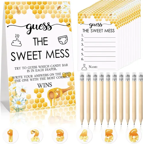 Vista 10 de Juego de 67 piezas de pañales sucios de Guess The Sweet Mess para baby shower, incluye letrero de Adivina el dulce lío, 50 tarjetas pequeñas, 10