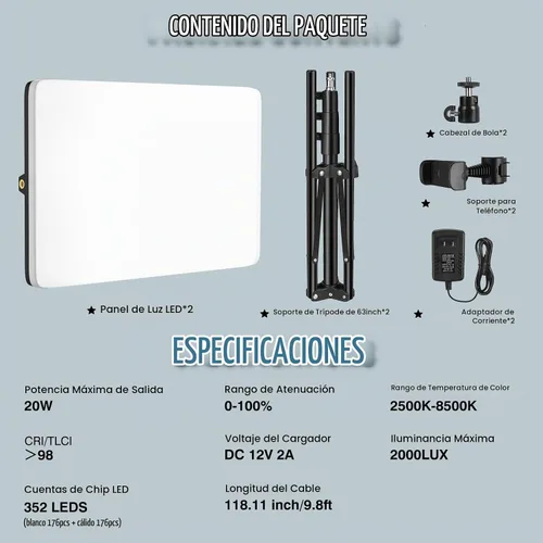 Vista 6 de Kit de luz de video LED de 2 unidades con soporte de trípode de 160 cm, luz de estudio regulable de 2500K-8500K para fotografía, iluminación