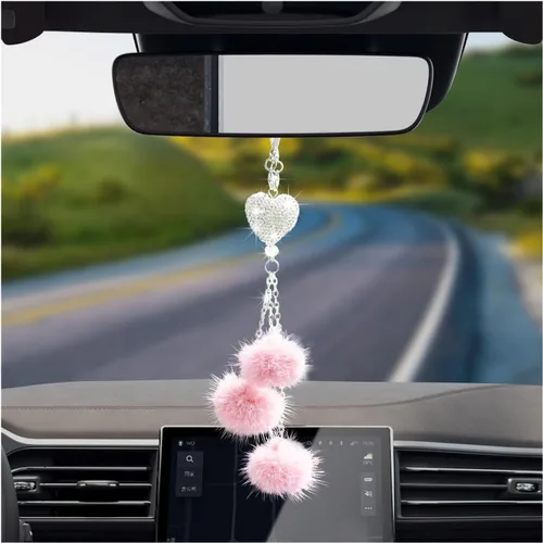 Vista 16 de Dickno Adorno Colgante Brillante para Coche, Divertido Pendiente de Corazón de Amor y Bola de Peluche Rosa para Espejo Retrovisor para Mujeres
