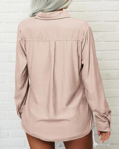 Vista 4 de Veatzaer Blusa de manga larga con solapa sólida para mujer, con botones, casual, básica, para oficina