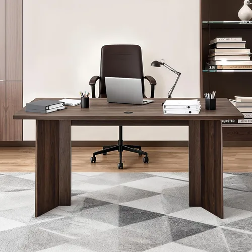 Vista 8 de VEVOR Escritorio ejecutivo de 63 pulgadas, mesa de oficina rectangular grande y moderna, mesa ejecutiva de madera resistente con orificio de Nogal