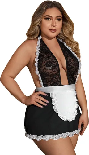 Vista 6 de WDIRARA Conjunto de lencería de encaje floral para mujer, talla grande, vestido con diadema