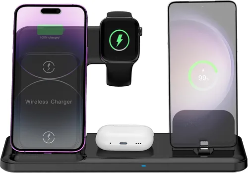 Vista 2 de Cargador inalámbrico para estación de carga de iPhone, plegable 4 en 1, carga rápida para iPhone 16, 15, 14, 13, 12 Pro Max, soporte de cargador