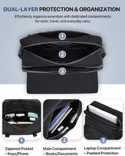 Vista 3 de Bolsa de mensajero para hombre, ligera, resistente al agua, 15.6 pulgadas, bolsa para laptop, bolsa de hombro para oficina de negocios