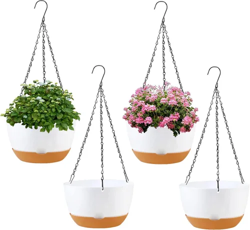 Vista 9 de KPUVX Maceta Colgante de 10 Pulgadas, Macetas de Riego Automático para Plantas de Interior, Paquete de 3 Cestas Colgantes de Plástico con Bandeja
