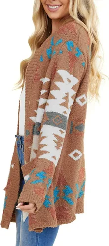 Vista 5 de Sidefeel Women Open Front Aztec Cardigan Pockets Long Sleeve Knit Sweater Coat
