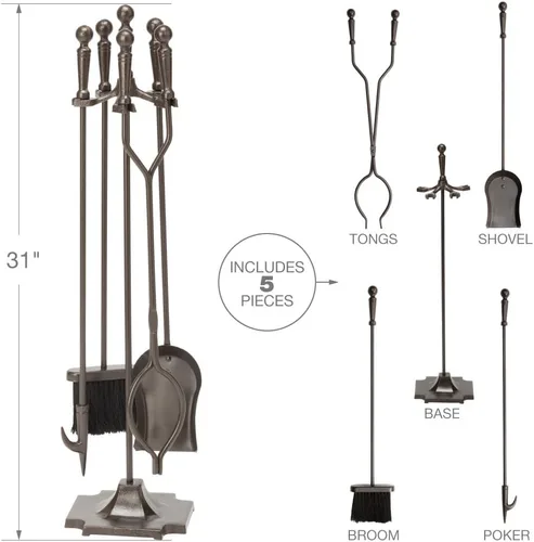 Vista 2 de Uniflame F-1634 - Juego de fuego de 5 piezas con asas de bola y base de pedestal, bronce Ball Handles and Pedestal Base