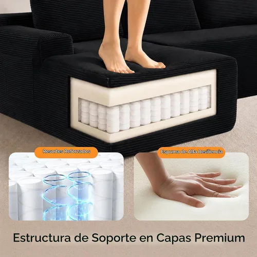 Vista 3 de Sofá seccional negro de 96.9 pulgadas, sofá modular de pana sin hueso con resortes y espuma de alta resistencia, asiento profundo compacto de gran
