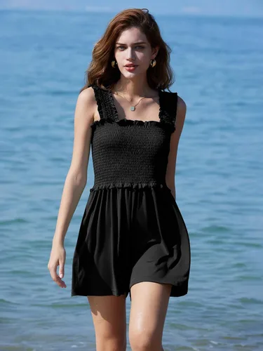 Vista 5 de DEEP SELF Mameluco de verano sin mangas para mujer, cuello cuadrado, tirantes con volantes, con bolsillos