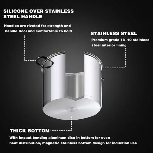 Vista 7 de Sartén para saltear con tapa Cook N Home, de acero inoxidable 10", Plateado Utensilios de cocina de inducción para sopa, enlatado, apto