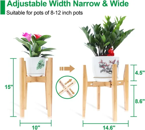 Vista 3 de OERGKE Soporte ajustable para plantas de interior, soportes de bambú modernos de mediados de siglo, soporte de flores de esquina para sala de estar