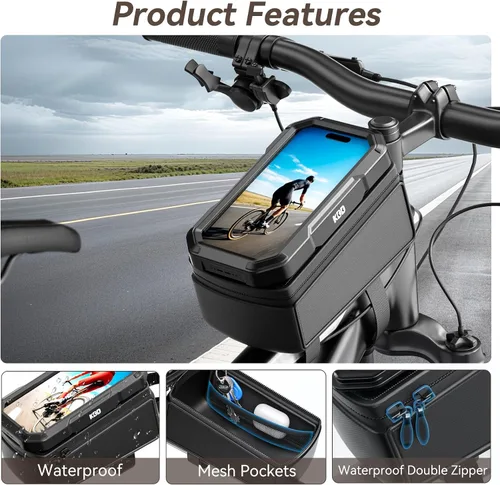 Vista 9 de KDD Bolsa de marco frontal para bicicleta con soporte impermeable para teléfono, bolsa de almacenamiento de ciclismo de montaña, bolsa de manillar