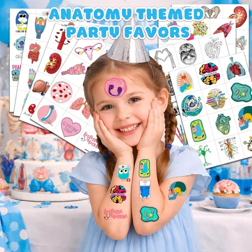 Vista 2 de 96 piezas divertidas de anatomía para niños, recuerdos de fiesta de cumpleaños – tatuajes temporales precortados Cute Human Body Parts, Brain &