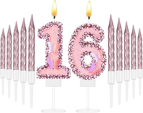 Vista 18 de Amylove Vela de cumpleaños número 0, decoración de pastel de mariposa con purpurina rosa con 10 velas delgadas, decoraciones de cumpleaños número 0