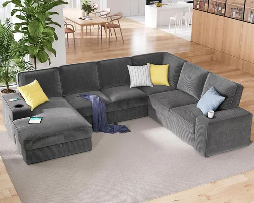 Vista 10 de PaPaJet Sofá en forma de U, sofá de gran tamaño de 112 pulgadas con diván de almacenamiento, sofá modular con portavasos y 2 puertos USB, sofá beige