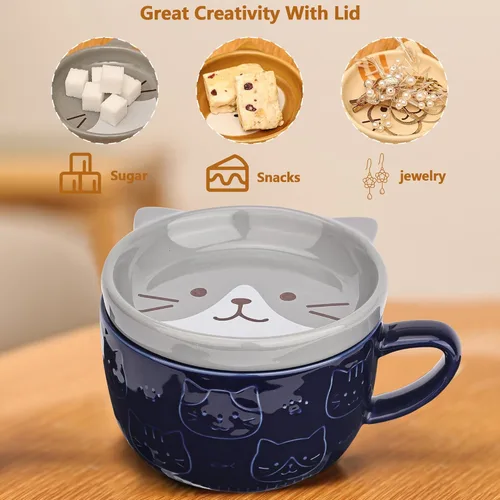 Vista 3 de Linda Taza de Cerámica para Gatos con Tapa, Tazas de Café Kawaii o Tazas de Té para Amantes de los Gatos, Tazas Divertidas de Novedad