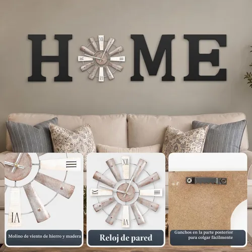 Vista 3 de Letreros de casa de campo con reloj de molino de viento, decoración de pared, letras rústicas para el hogar, arte de pared para sala de estar, Negro