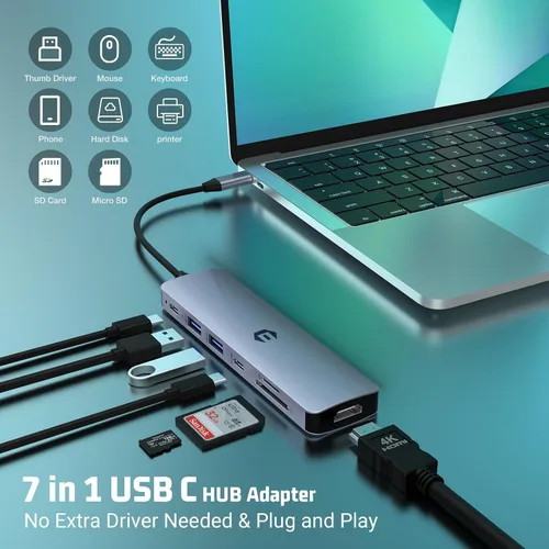 Vista 5 de Hub USB C, adaptador de concentrador oditton 7 en 1, salida HDMI, entrega de energía de 100 W, USB C 3.0, puertos USB 3.0 duales, lector de tarjetas