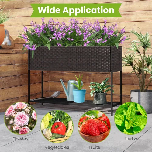 Vista 8 de HAPPYGRILL Cama de jardín elevada de ratán con patas, estante inferior de Maceta elevada con forro extraíble, sistema de drenaje, maceta elevada