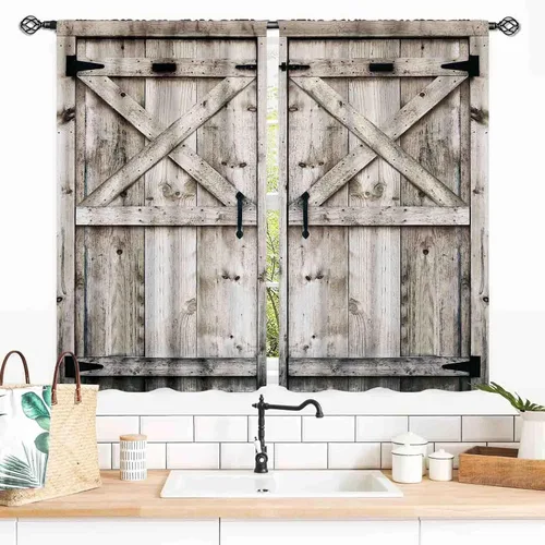 Vista 17 de Cortinas de puerta de granero, cortinas de madera rústica de granja, cabina de madera, tablón de madera, puerta de garaje de madera de granero