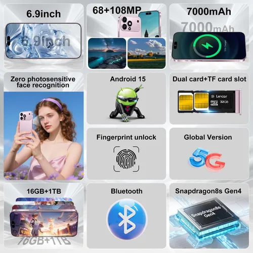 Vista 2 de Huness Teléfono celular desbloqueado de 17 PM 16+1TB, pantalla HD de 6.9 pulgadas, Android 15 7000mAh batería de larga duración, 5G/Dual SIM/botón