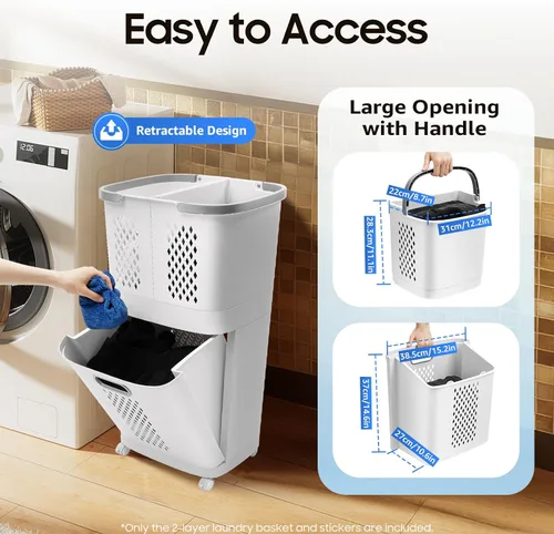 Vista 5 de Cesta de lavandería con ruedas extraíbles, herramienta de lavandería de 3 niveles para baño, sala de estar, dormitorio, de pie, grande, de mano