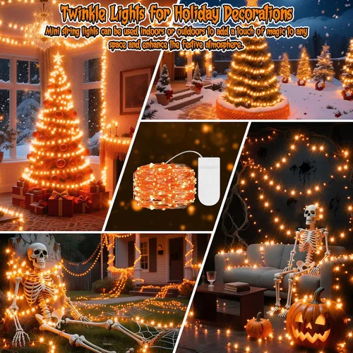 Vista 6 de Guirnalda de luces naranjas de Halloween, funciona con pilas, 7.2 pies, 20 luces LED, alambre de cobre plateado para Halloween, Navidad, decoración