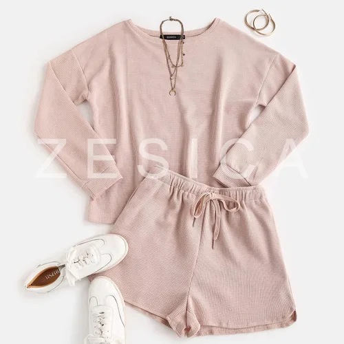Vista 7 de ZESICA Women's Waffle Knit Long Sleeve Top and Shorts Pullover Nightwear Lounge Pajama Set with Pockets