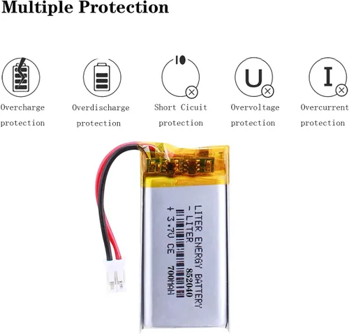 Vista 3 de Liter 3.7V 700mAh 852040 Lipo Batería recargable de iones de polímero de litio con conector JST 0.079 in