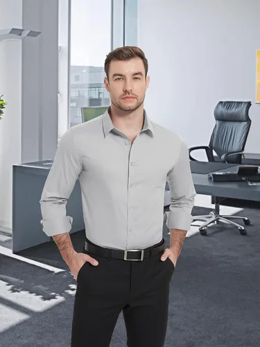 Vista 2 de TACVASEN Mens Dress Shirts Long Sleeve Slim Fit Solid Casual Business Button Down Shirt
