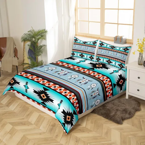 Vista 3 de Erosebridal Juego de funda de edredón estilo bohemio occidental tamaño individual, diseño de vaca atrapasueños del suroeste, juego de ropa de cama