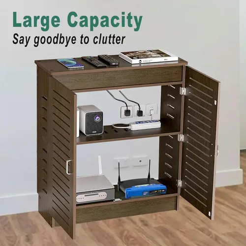 Vista 3 de Gabinete de almacenamiento de enrutador WiFi, caja de almacenamiento de enrutador de pie de PVC (nogal) Organizador oculto para regleta y gestión