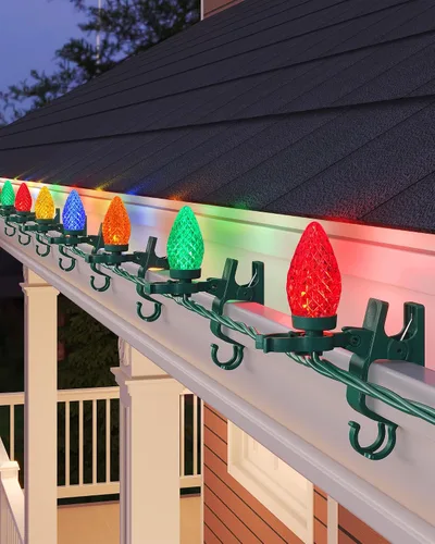 Vista 9 de SURAIELEC C9 Luces LED de Navidad con clips, 67 pies, 100 luces de techo de Navidad para exteriores con clips de resorte, luces de cadena rojas