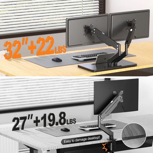 Vista 7 de Pholiten Brazos de Monitor Dobles Ajustables con Resorte de Gas para Pantallas de 17-32 Pulgadas, Soporte de Monitor VESA Dual Neumático con Base