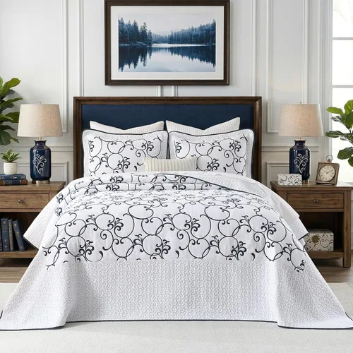 Vista 11 de Juego de cubrecama de gran tamaño de 100% algodón, 120"x102" extra grande para cama Queen, con fundas de almohada, ropa de cama bordada ligera de 3