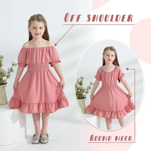 Vista 3 de YOUNGER TREE Vestido de fiesta para niña pequeña, con lazo en la espalda, manga corta, volantes, hombros descubiertos, vestido de fiesta casual