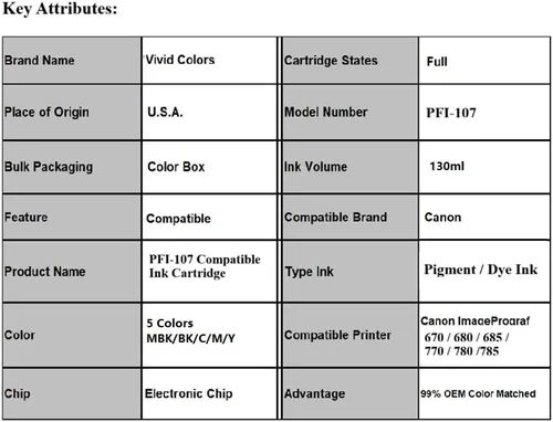Vista 4 de Vivid Colors Nuevo cartucho de tinta negro mate compatible PFI-107 para uso en Canon PFI107 IPF 670 IPF680 IPF685 IPF770 IPF780 IPF785 Plotter 107