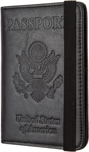 Vista 7 de Combo de portatarjetas de pasaporte y vacunación con bloqueo RFID, funda de piel con bloqueo RFID, organizador de documentos de viaje, protector