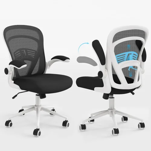 Vista 9 de Ollega Silla de escritorio para computadora con ruedas, silla de oficina de malla con brazos abatibles, soporte lumbar ajustable, silla de Blanco