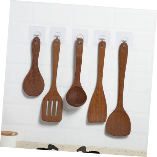 Vista 9 de 3 Uds Práctica Cuchara de Madera Cocinar Esquina Raspador Mango Largo Cuchara de Sopa Cuchara de Servir Comida Cuchara de Cocina Mango Largo Pala